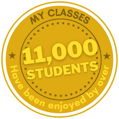 A gold badge reads, "My classes have been enjoyed by over 11,000 students," with stars surrounding the text.