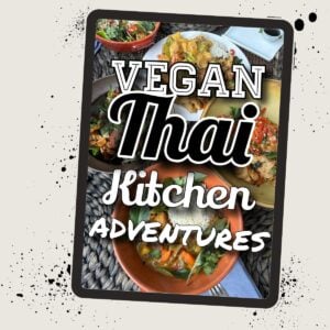 Image of a cookbook cover titled "Vegan Thai Kitchen Adventures" with various Thai dishes displayed around the text.