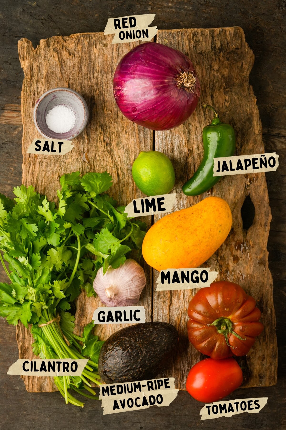 A wooden board with labeled ingredients for a mango salsa recipe: salt, red onion, jalapeño, lime, mango, garlic, tomato, medium-ripe avocado, and cilantro.
