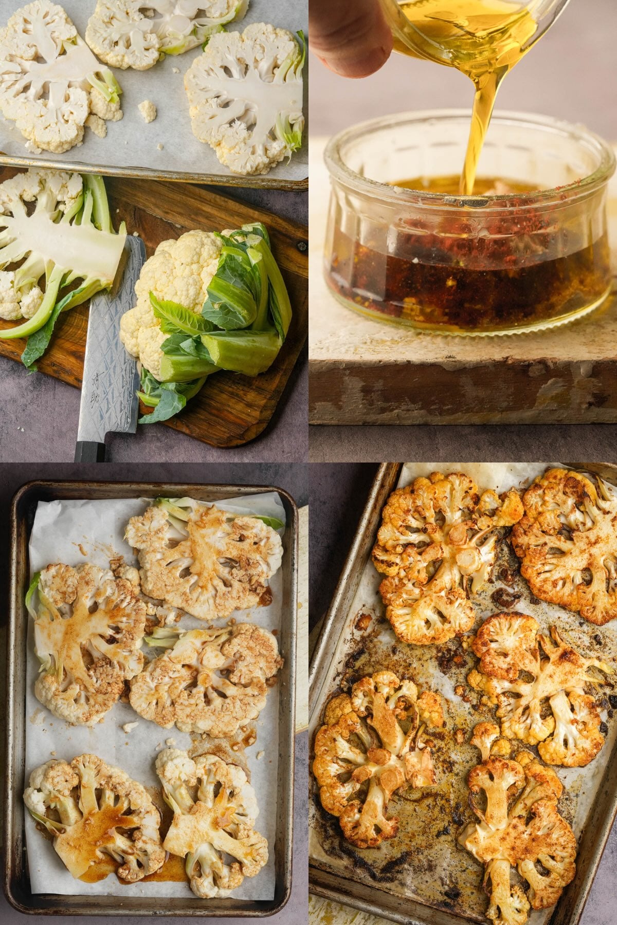 Four images show cauliflower steaks being prepared: cauliflower slices on a cutting board, sauce being poured into a jar, raw cauliflower steaks on a tray, and roasted cauliflower steaks on a baking sheet.