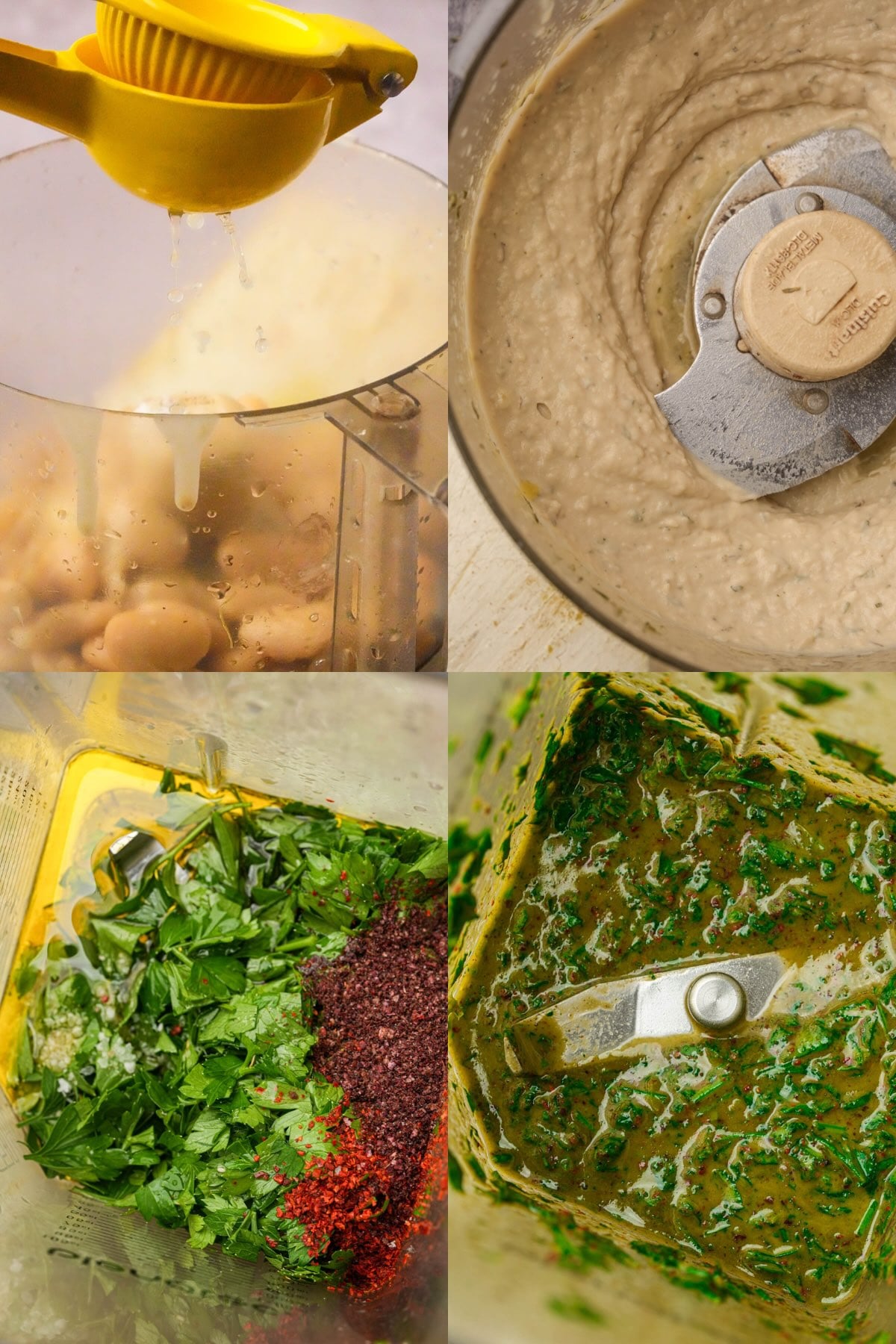 A collage showing the process of making butter bean puree and parsley sauce: lemon juice squeezed over chickpeas, blended puree, fresh herbs and spices in a blender, and blended green parsley sauce.