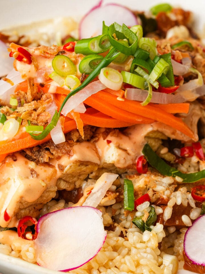 A bowl of Vietnamese sticky rice topped with sliced radishes, shredded carrots, green onions, chili slices, and a creamy sauce. The dish is garnished with fried shallots and vegan meat floss.